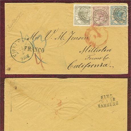 Danmark.  1864. 16 + 3 + 2 Sk  på brev til CALIENFORNIEN