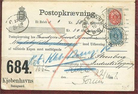 Danmark.  POSTOPKRÆVNING. Anvendt 1. Måned 1888